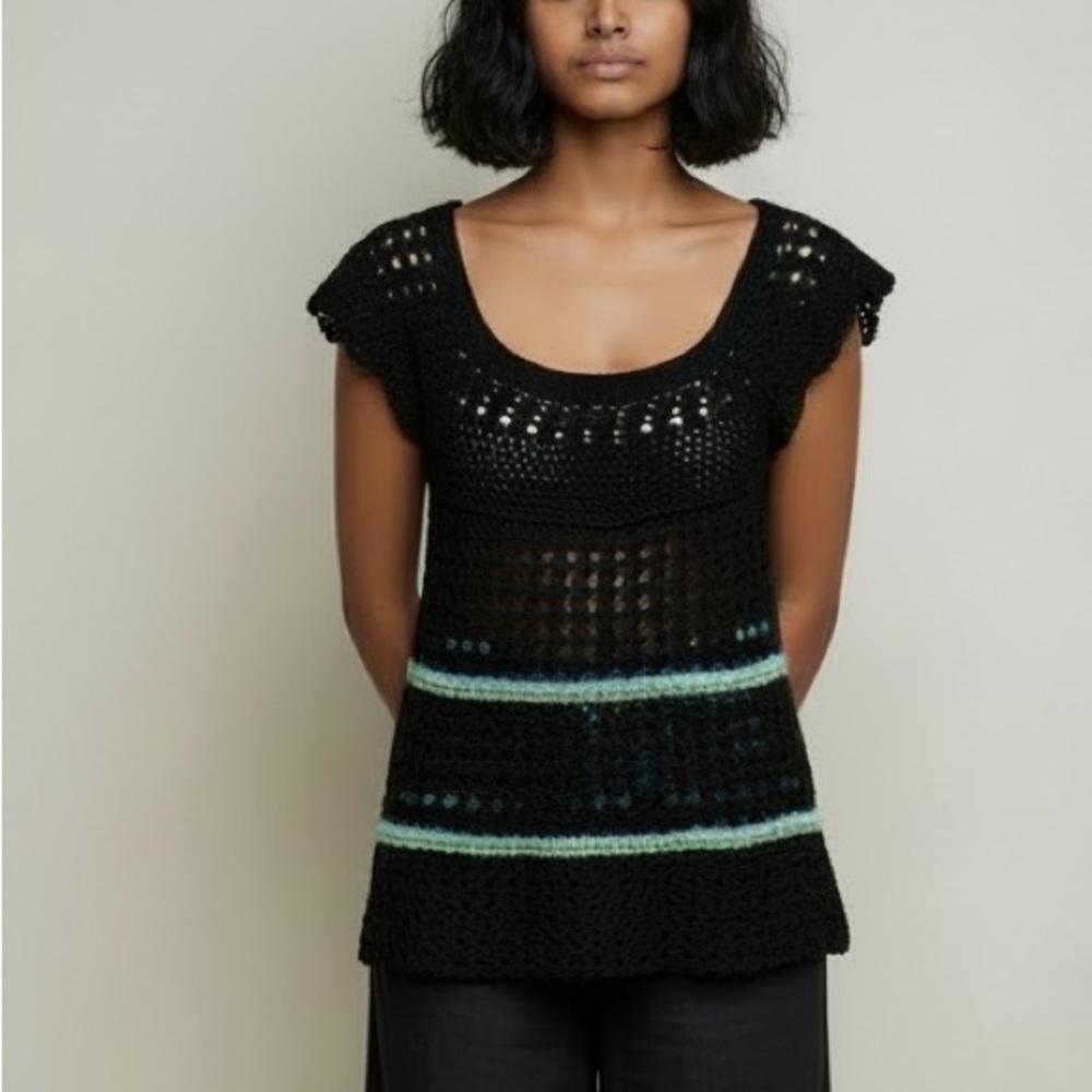 Free People | Crochet Knit Top Small Black Bohemian Cap Sleeve Linen Cotton
